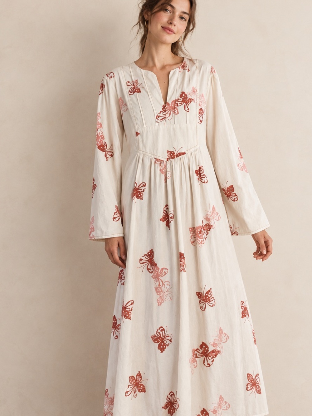 Vintage 1970s Lady Lewis Butterfly Print Prairie Boho Maxi Dress